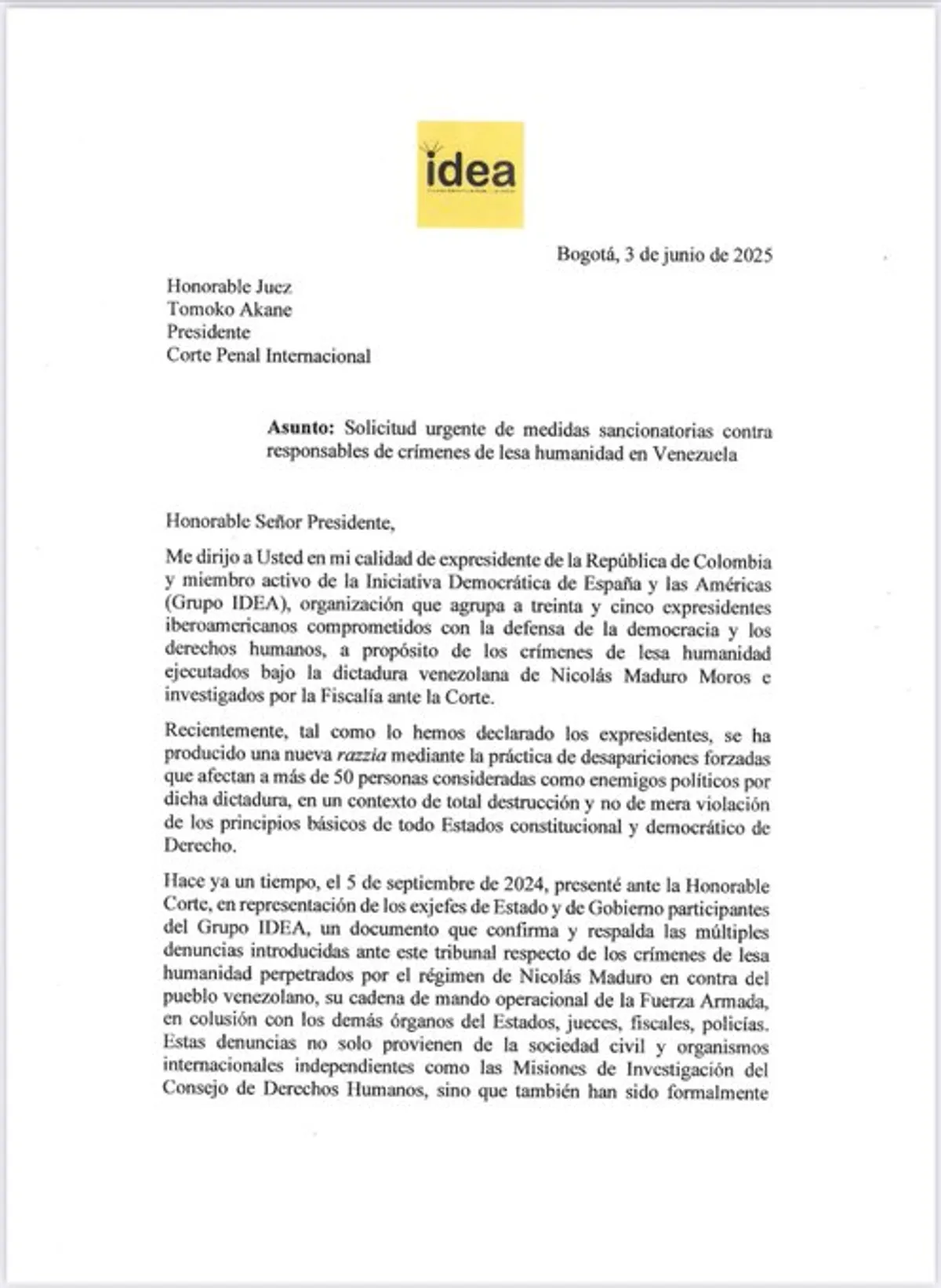 Carta del ex-presidente Pastrana a la CPI