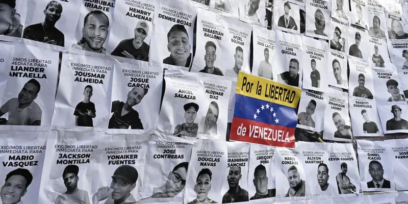 Mural de afiches pidiendo por la libertad de los presos políticos